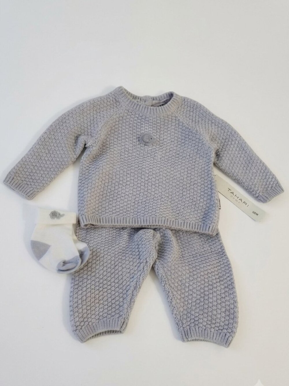 Tahari Baby 0-3M Knit Sweater & Pants Set with Socks Light Blue 100% Cotton NWT